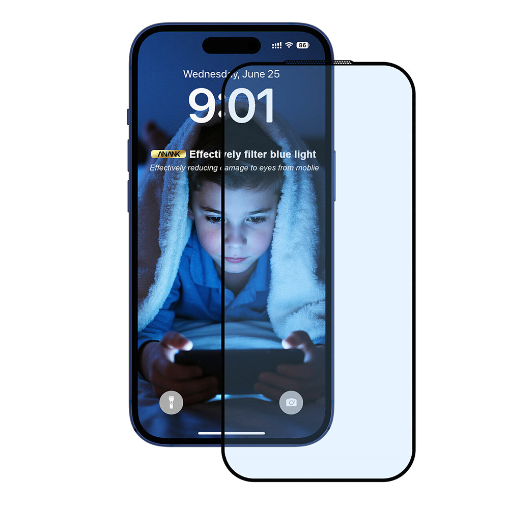 Beskyttelsesfilm Anti Blue Light Anank 5X Forsterket for Apple iPhone 17 Pro, Herdet Glass, Full Lim, 2.5D, Svart