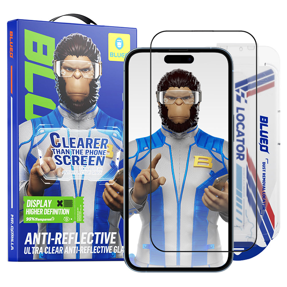 Blueo Anti-Reflekterende HD Skjermbeskytter med Applicator Pro for Apple iPhone 16 / 15, Herdet Glass, Full Lim, Svart
