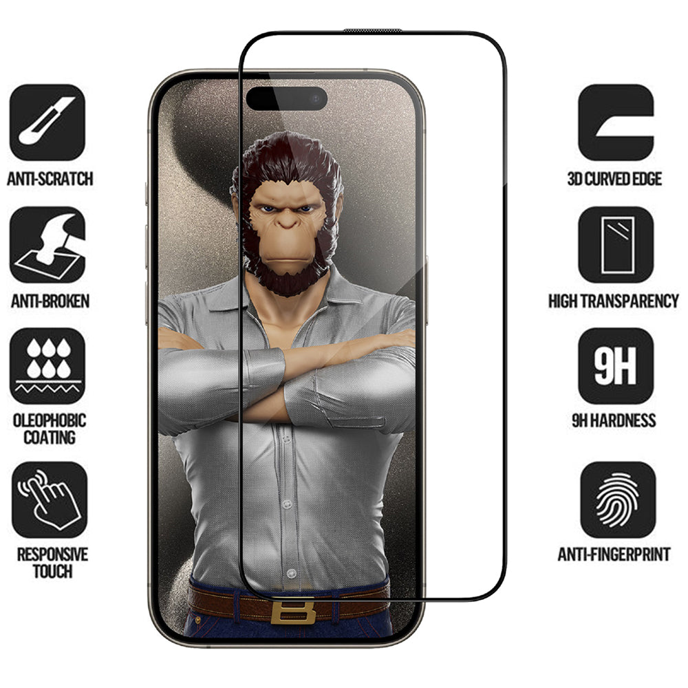 Blueo HD skjermbeskyttelsesfilm for Apple iPhone 16 Pro, Herdet glass, Full lim, 3D, Svart