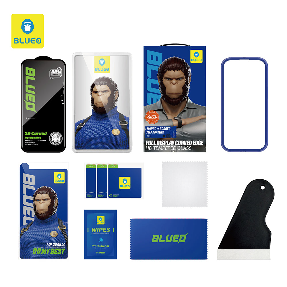 Blueo HD skjermbeskyttelsesfilm for Apple iPhone 16 Pro, Herdet glass, Full lim, 3D, Svart