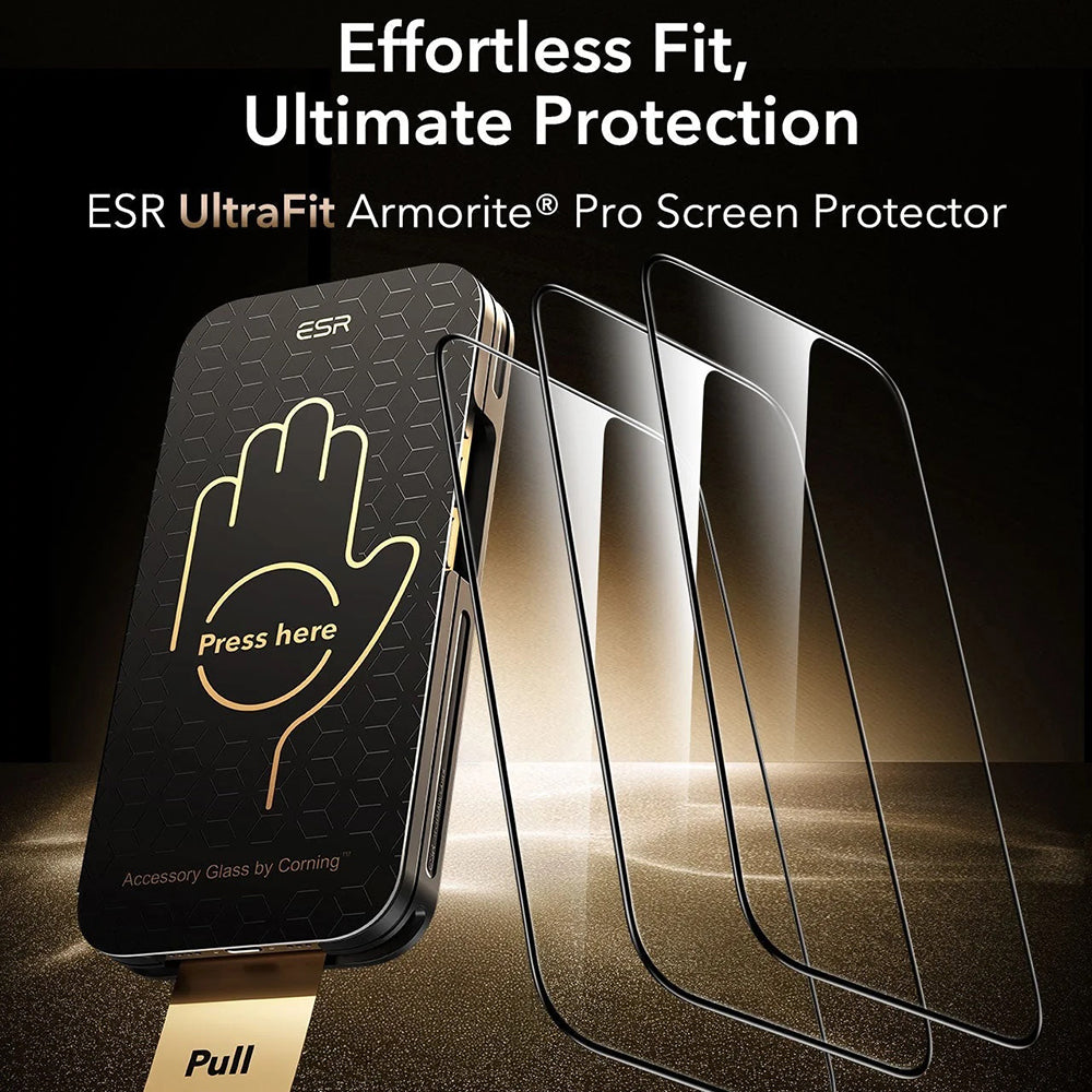 Skjermbeskytter ESR Corning UltraFit for Apple iPhone 17 Pro Max, Herdet glass, Full lim, Sett med 3 stykker, Svart