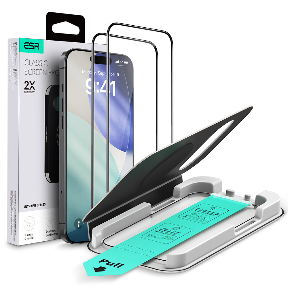 ESR UltraFit Classic skjermbeskyttelse for Apple iPhone 18 Pro / 17 Pro, Herdet glass, Full lim, Sett med 2 stk, Svart