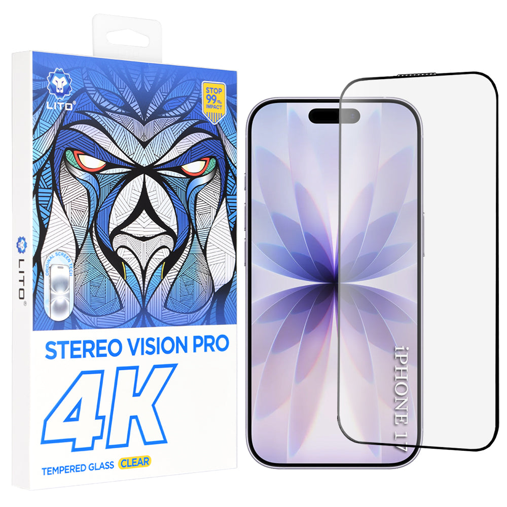 Beskyttelsesfolie Lito D+ Max 4K for Apple iPhone 17 / 16 Pro, Herdet Glass, Full Glue, Svart