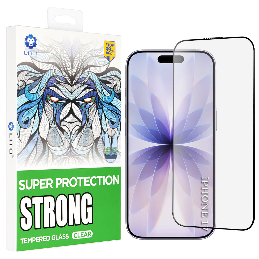 Beskyttelsesfolie Lito D+ Max Strong for Apple iPhone 17 / 16 Pro, Herdet Glass, Full Glue, Svart