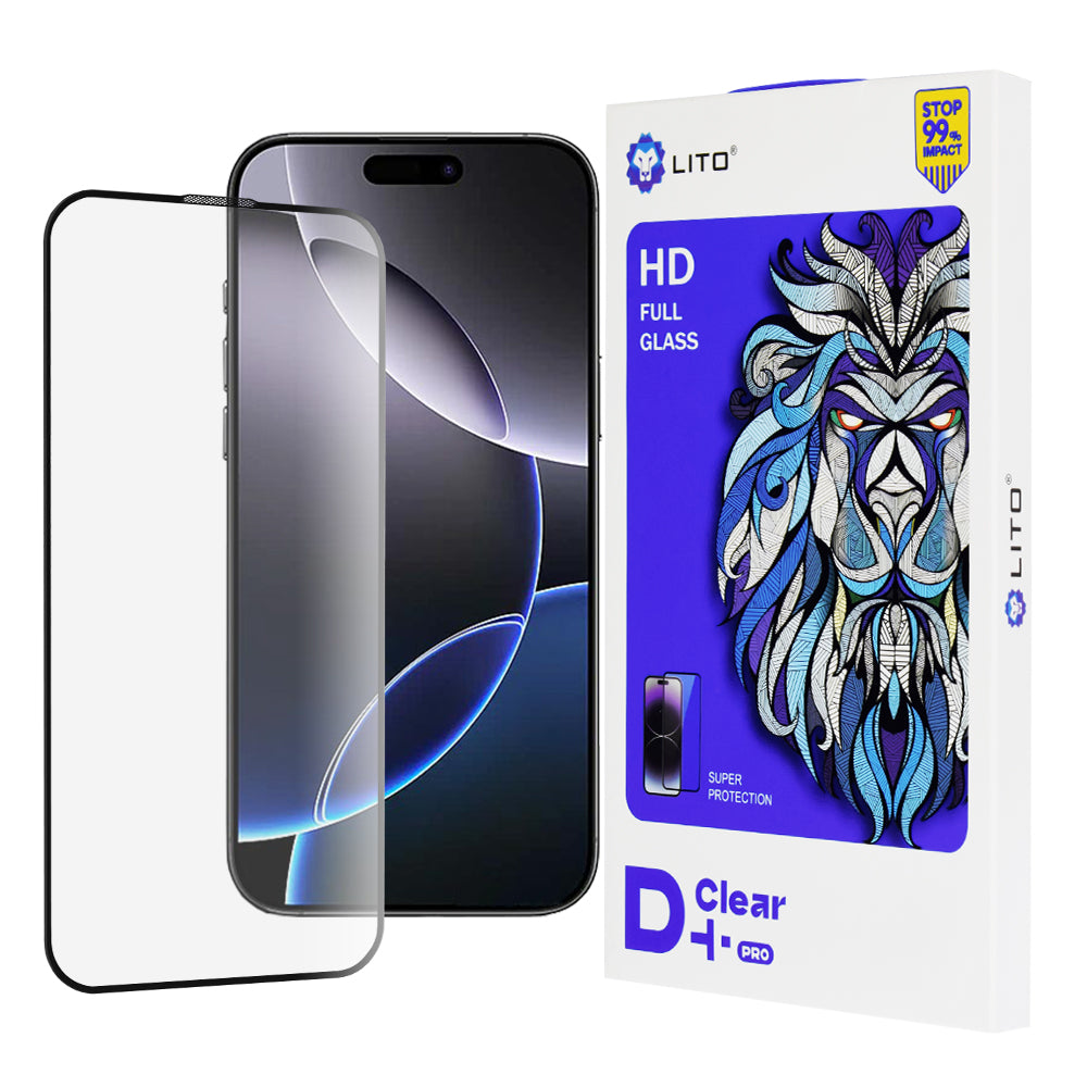 Lito D+ Pro skjermbeskyttelsesfilm for Apple iPhone 16 Pro Max, Herdet glass, Full lim, Svart