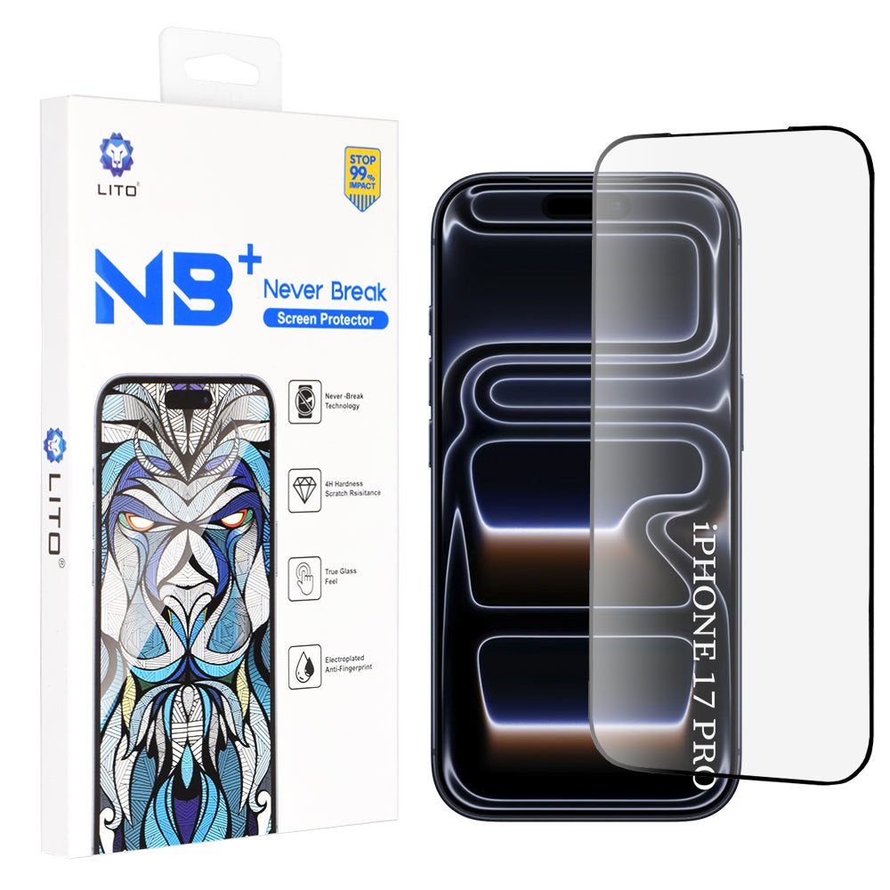 Beskyttelsesfolie Lito NB-skjerm for Apple iPhone 17 Pro, Herdet glass, Full lim, Svart