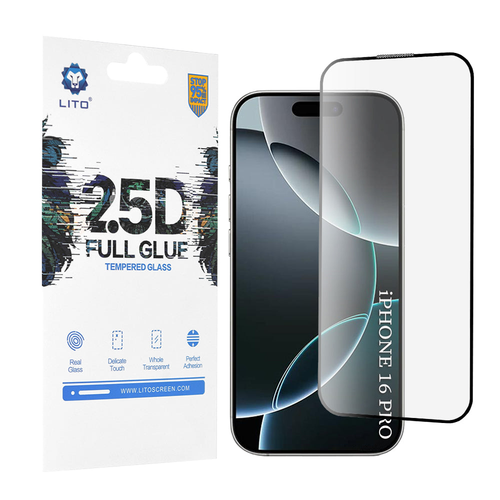 Beskyttelsesfolie Lito skjerm for Apple iPhone 17 / 16 Pro, Herdet glass, Full lim, 2.5D, Svart