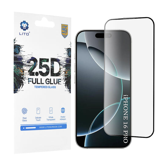Beskyttelsesfolie Lito skjerm for Apple iPhone 17 / 16 Pro, Herdet glass, Full lim, 2.5D, Svart