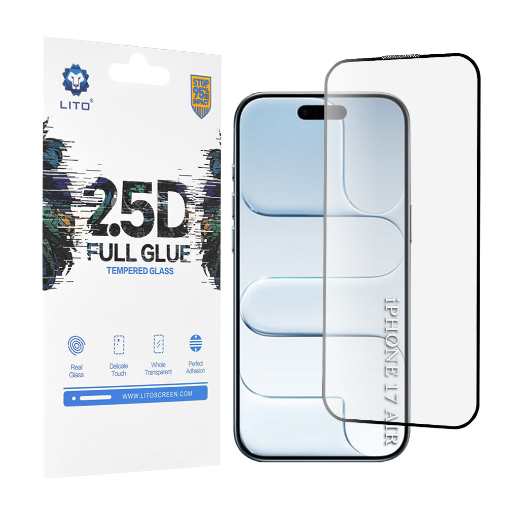 Beskyttelsesfolie Lito skjerm for Apple iPhone 17 Air, Herdet glass, Full lim, 2.5D, Svart