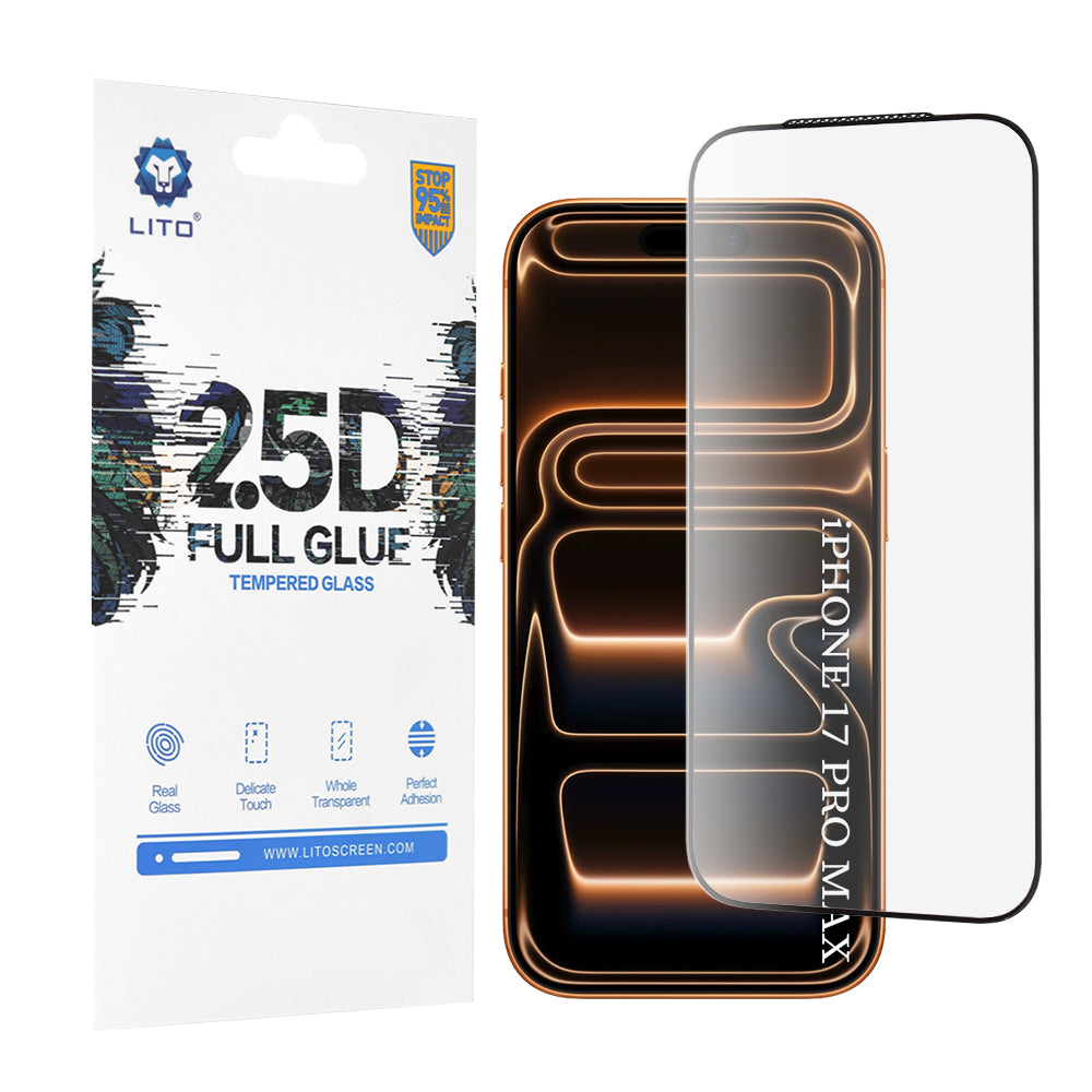 Beskyttelsesfilm Lito skjerm for Apple iPhone 17 Pro Max, Herdet glass, Full lim, 2.5D, Svart