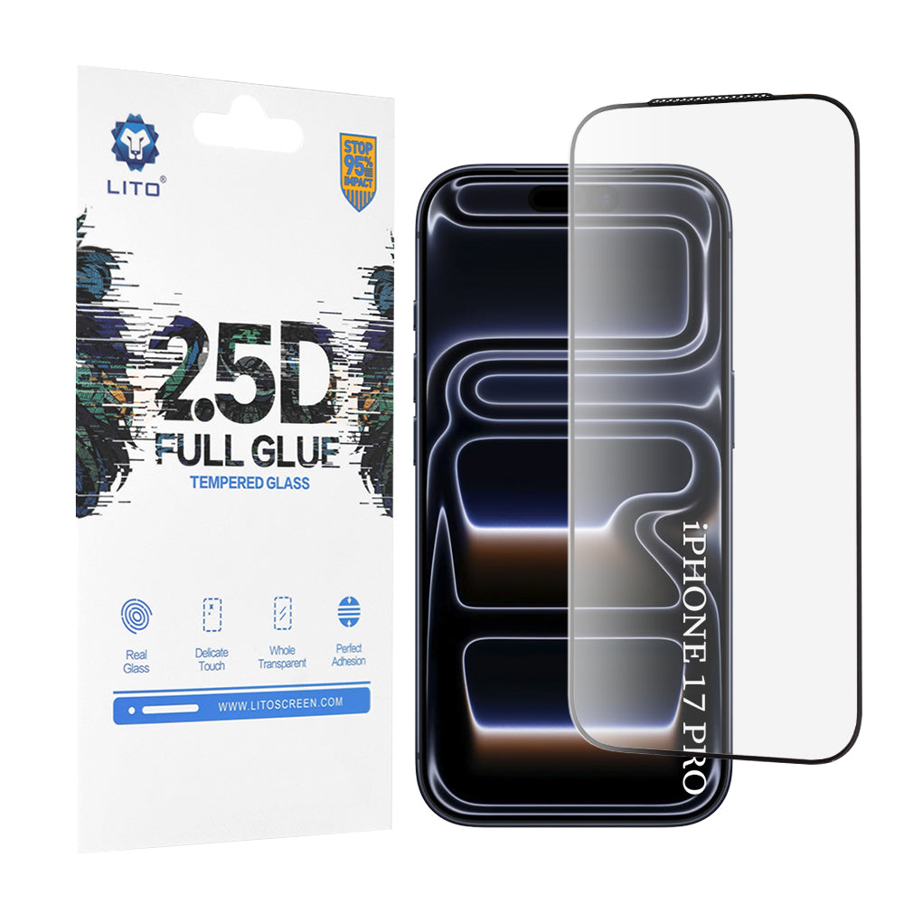 Lito skjermbeskyttelsesfolie for Apple iPhone 17 Pro, Herdet glass, Full lim, 2.5D, Svart