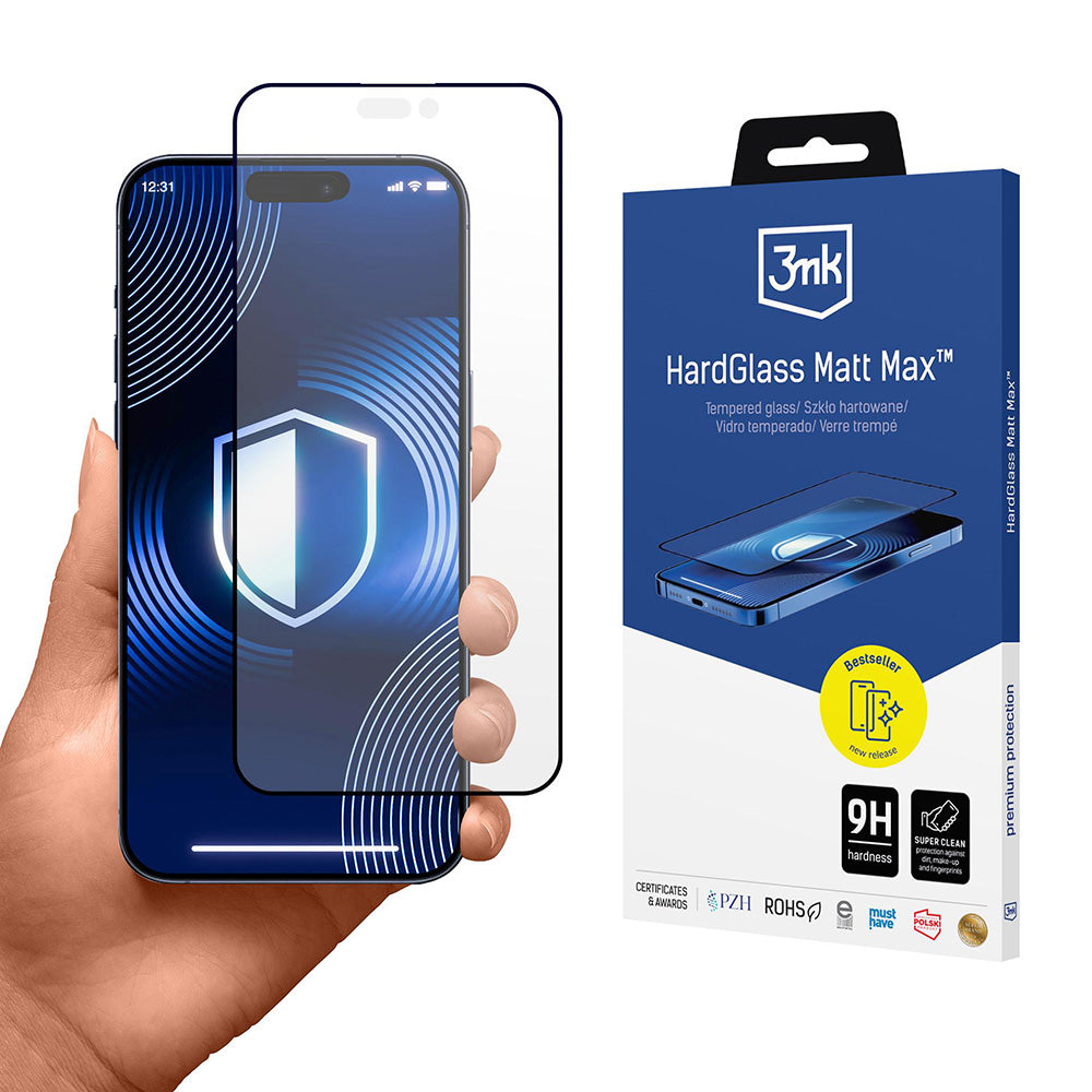 Matt skjermbeskyttelsesfolie 3MK HardGlass Max for Apple iPhone 17 Pro Max, Herdet glass, Full lim, Svart