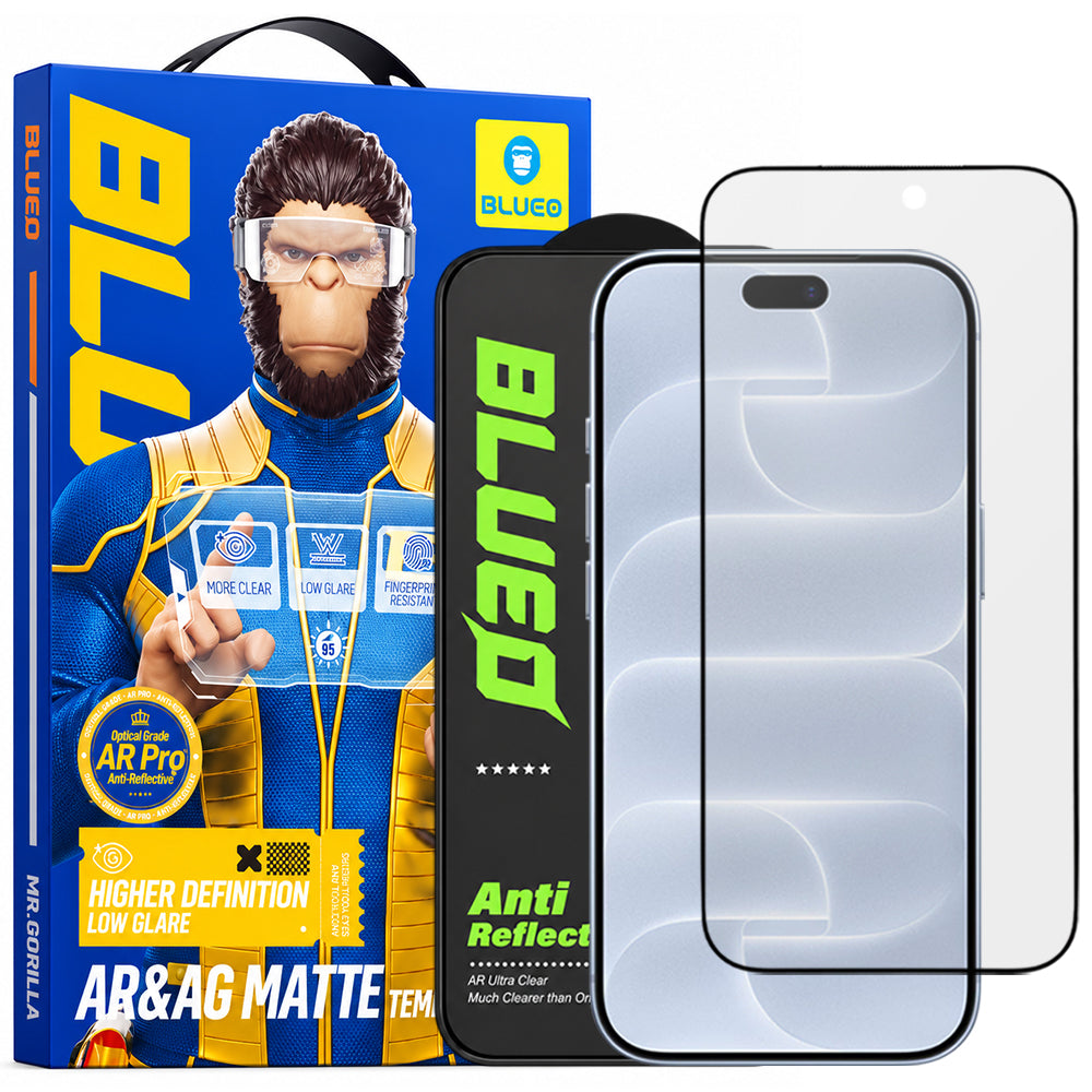 Blueo Matte Anti-Reflective HD skjermbeskytter for Apple iPhone 18 Pro, herdet glass, full limflate, svart