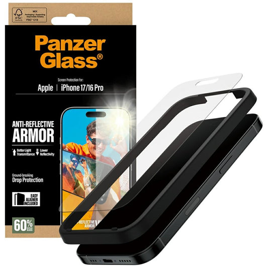 Beskyttelsesfolie Matte PanzerGlass Armor EasyAligner for Apple iPhone 17 / 16 Pro, Herdet Glass, Full Lim
