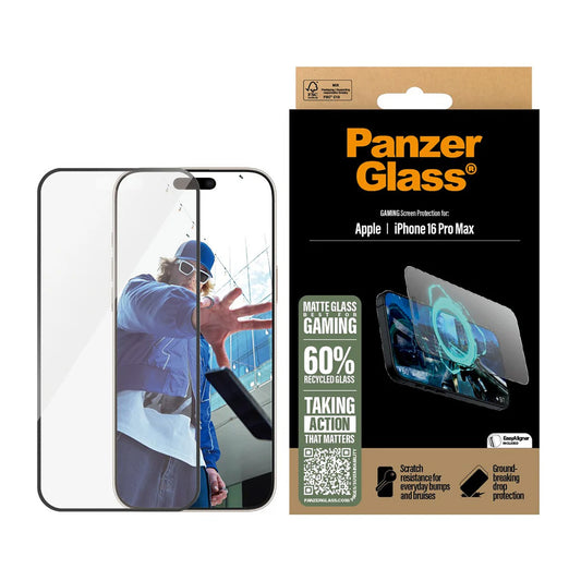 Beskyttelsesfolie Matte PanzerGlass Ultra-Wide Fit Gaming for Apple iPhone 16 Pro Max, Herdet Glass, Full Glue, Svart
