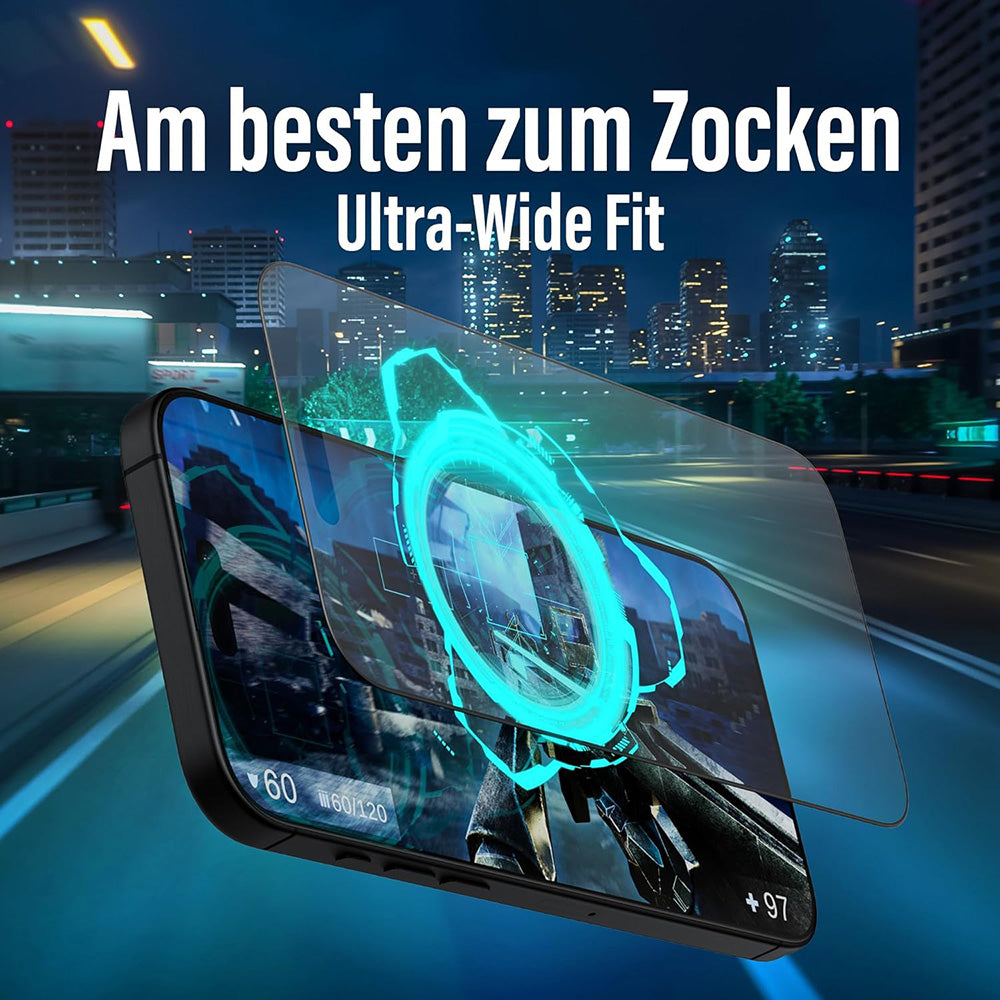 Beskyttelsesfolie Matte PanzerGlass Ultra-Wide Fit Gaming for Apple iPhone 16 Pro Max, Herdet Glass, Full Glue, Svart