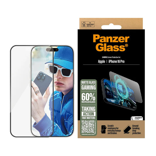 Beskyttelsesfolie Matte PanzerGlass Ultra-Wide Fit Gaming for Apple iPhone 16 Pro, Herdet Glass, Full Lim, Svart