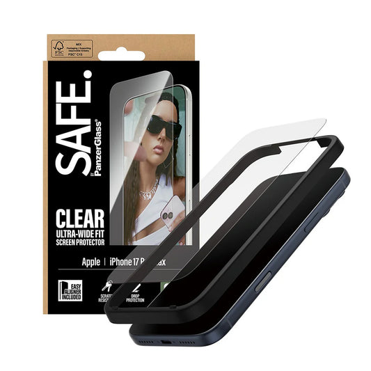 Skjermbeskytter PanzerGlass Safe. Ultra-Wide Fit EasyAligner for Apple iPhone 17 Pro Max, Herdet Glass, Full Glue