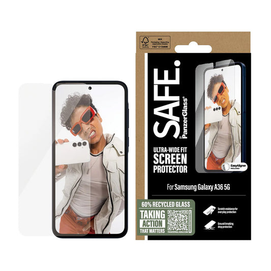 PanzerGlass Safe skjermbeskyttelsesfolie. Ultra-Wide Fit EasyAligner for Samsung Galaxy A36 A366, Herdet glass, Full lim