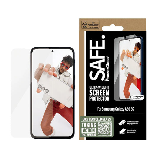 Beskyttelsesfolie PanzerGlass Safe skjerm. Ultra-Wide Fit EasyAligner for Samsung Galaxy A56 A566, Herdet glass, Full lim