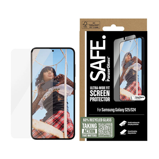 Beskyttelsesfolie PanzerGlass Safe skjerm. Ultra-Wide Fit EasyAligner for Samsung Galaxy S25 S931 / S24 S921, Herdet glass, Full lim