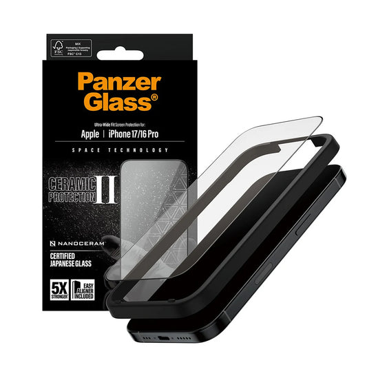 Beskyttelsesfolie PanzerGlass Ultra-Wide Ceramic II EasyAligner for Apple iPhone 17 / 16 Pro, Herdet Glass, Full Lim, Svart