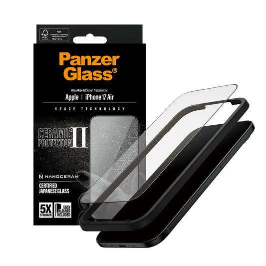Beskyttelsesfolie PanzerGlass Ultra-Wide Ceramic II EasyAligner for Apple iPhone 17 Air, Herdet Glass, Full Glue, Svart