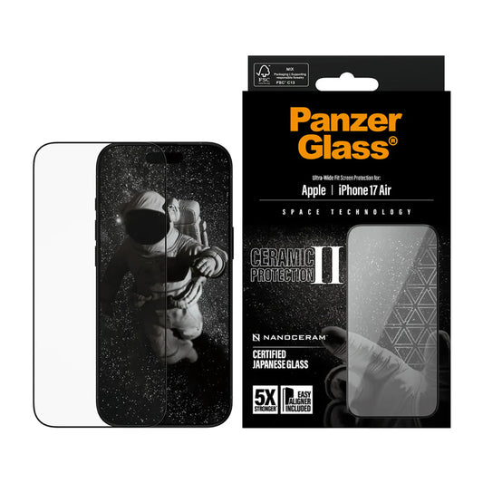 Beskyttelsesfolie PanzerGlass Ultra-Wide Ceramic II EasyAligner for Apple iPhone 17 Air, Herdet Glass, Full Glue, Svart