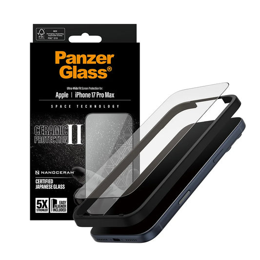 Beskyttelsesfolie Skjerm PanzerGlass Ultra-Wide Ceramic II EasyAligner for Apple iPhone 17 Pro Max, Herdet Glass, Full Lim, Svart