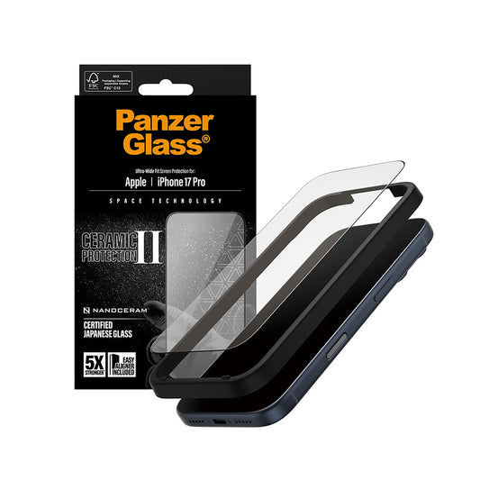 Beskyttelsesfolie PanzerGlass Ultra-Wide Ceramic II EasyAligner for Apple iPhone 17 Pro, Herdet Glass, Full Glue, Svart