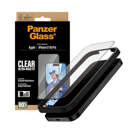 Beskyttelsesfolie PanzerGlass Ultra-Wide Fit EasyAligner for Apple iPhone 17 / 16 Pro, Herdet Glass, Full Lim, Svart