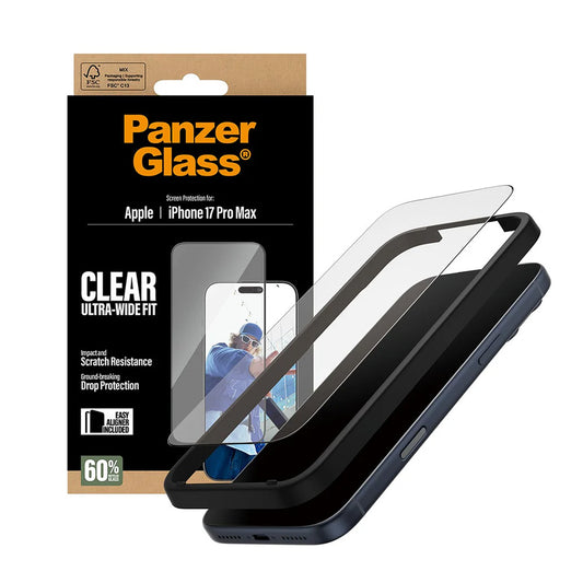 Beskyttelsesfolie Skjerm PanzerGlass Ultra-Wide Fit EasyAligner for Apple iPhone 17 Pro Max, Herdet Glass, Full Lim, Svart