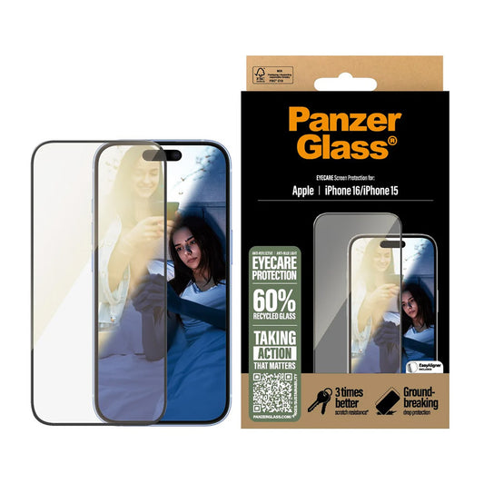 Beskyttelsesfolie PanzerGlass Ultra-Wide Fit EyeCare for Apple iPhone 16 / 15, Herdet Glass, Full Glue, Svart