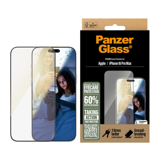 Beskyttelsesfolie Skjerm PanzerGlass Ultra-Wide Fit EyeCare for Apple iPhone 16 Pro Max, Herdet Glass, Full Lim, Svart