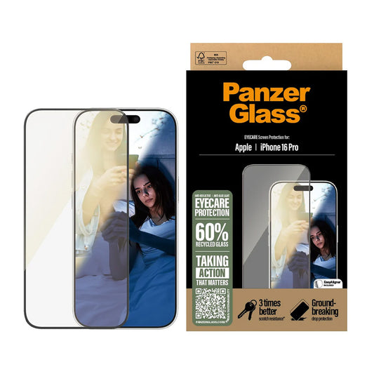 Beskyttelsesfolie PanzerGlass Ultra-Wide Fit EyeCare for Apple iPhone 16 Pro, Herdet Glass, Full Lim, Svart