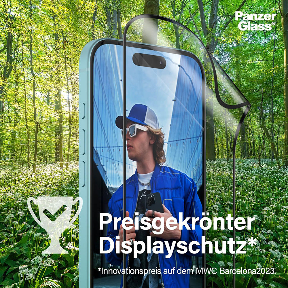 Beskyttelsesfolie PanzerGlass Ultra-Wide Fit EyeCare for Apple iPhone 16 Pro, Herdet Glass, Full Lim, Svart