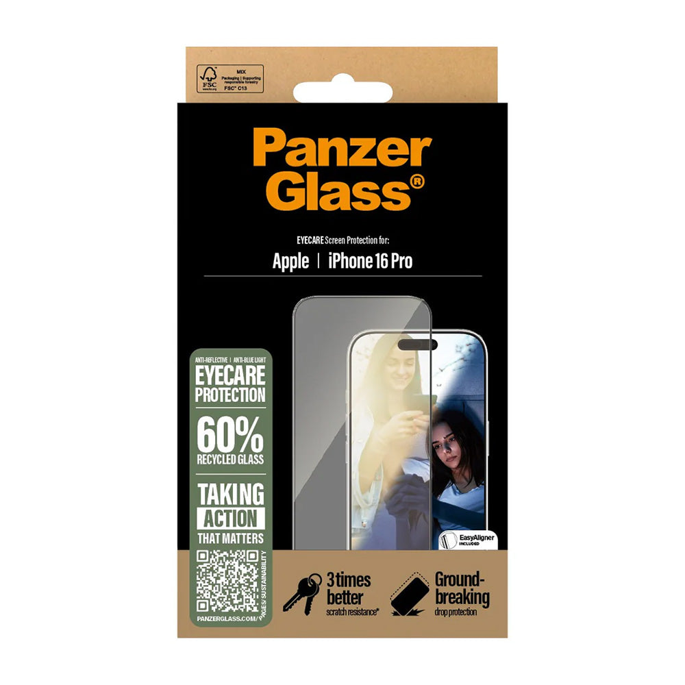 Beskyttelsesfolie PanzerGlass Ultra-Wide Fit EyeCare for Apple iPhone 16 Pro, Herdet Glass, Full Lim, Svart