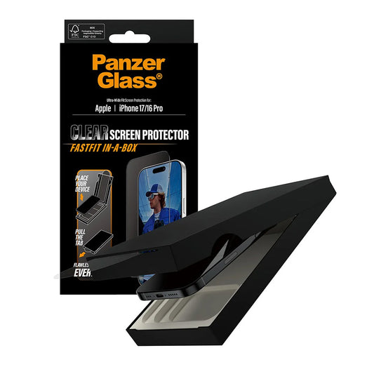 Beskyttelsesfolie Skjerm PanzerGlass Ultra-Wide Fit Fastfit for Apple iPhone 17 / 16 Pro, Herdet Glass, Full Lim, Svart