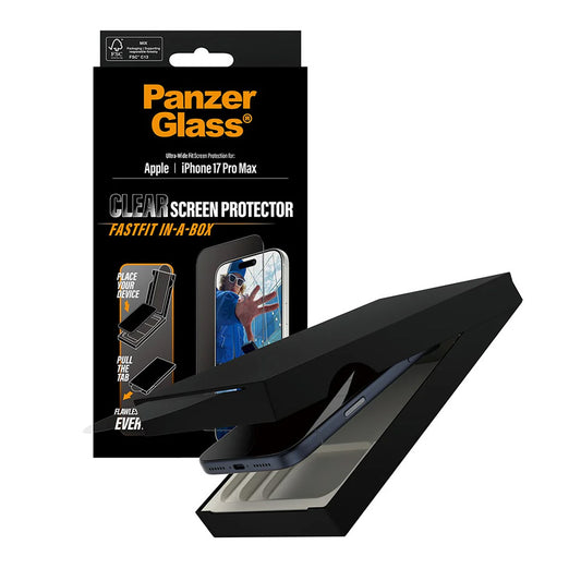 PanzerGlass Ultra-Wide Fit Fastfit skjermbeskyttelse for Apple iPhone 17 Pro Max, Herdet glass, Full lim, Svart