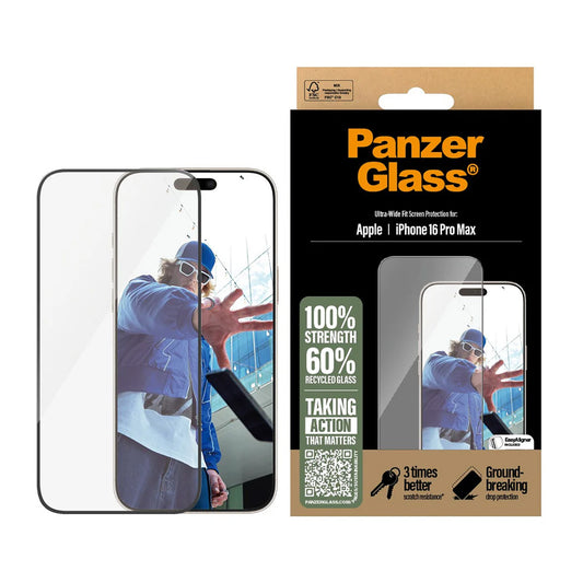Beskyttelsesfolie PanzerGlass Ultra-Wide Fit for Apple iPhone 16 Pro Max, Herdet Glass, Full Lim, Svart
