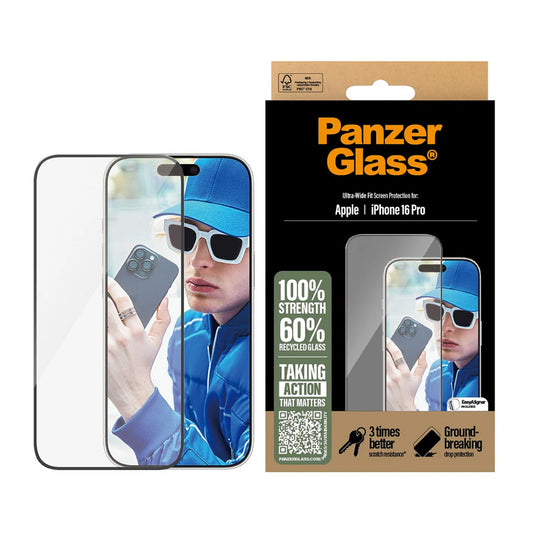 Beskyttelsesfolie PanzerGlass Ultra-Wide Fit for Apple iPhone 16 Pro, Herdet Glass, Full Lim, Svart