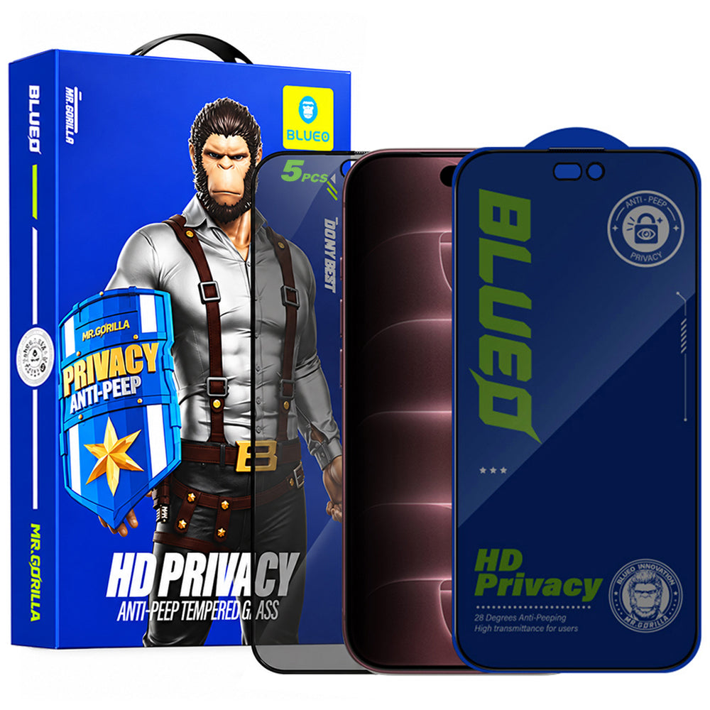 Blueo Anti-Peep personvernsskjermbeskytter for Apple iPhone 18 Pro Max, herdet glass, heldekkende lim, sett med 5 stk.