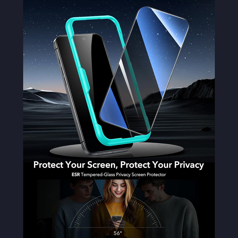 Beskyttelsesfolie Ecran Privacy ESR for Apple iPhone 17 / 16 Pro, Herdet Glass, Full Lim, Sett med 3 stykker