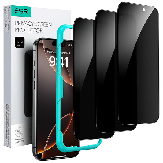 Beskyttelsesfolie Ecran Privacy ESR for Apple iPhone 17 Pro Max, Herdet Glass, Full Lim, Sett med 3 stykker