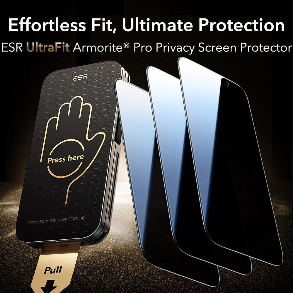 Beskyttelsesfolie Ecran Privacy ESR UltraFit Armorite Pro for Apple iPhone 17 Pro Max, Herdet Glass, Full Glue, Sett med 3 stykker