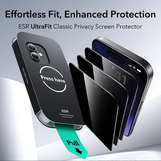 Skjermbeskytter Privacy ESR UltraFit for Apple iPhone 17 / 16 Pro, Herdet glass, Full lim, Sett med 3 stykker