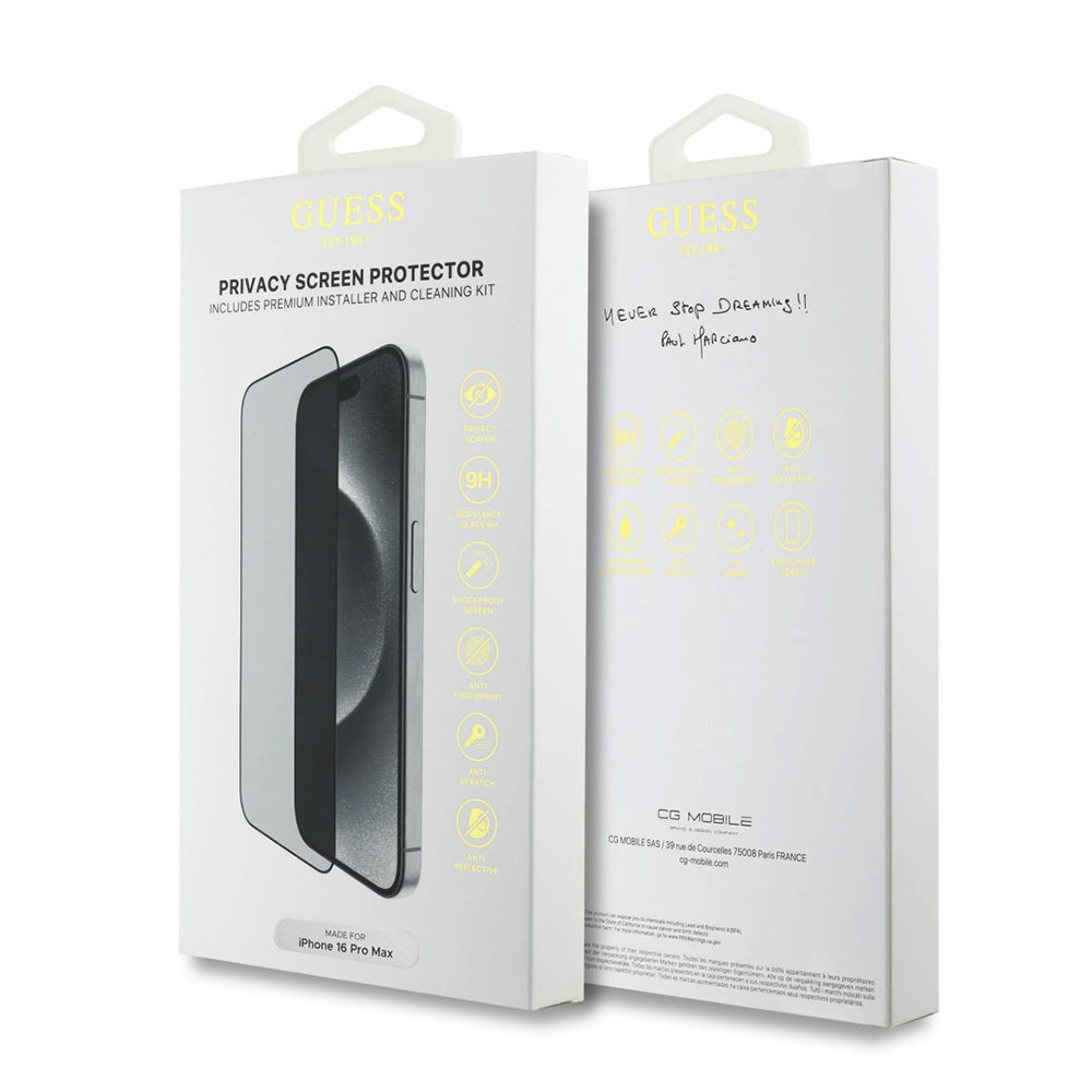 Beskyttelsesfolie Privacy Guess for Apple iPhone 16 Pro, Herdet Glass, Full Lim, 2.5D