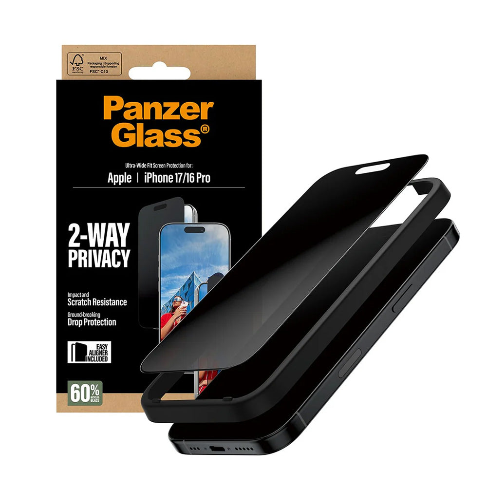 Skjermbeskytter Privacy PanzerGlass Ultra-Wide Fit 2-Way EasyAligner for Apple iPhone 17 / 16 Pro, Herdet glass, Full lim