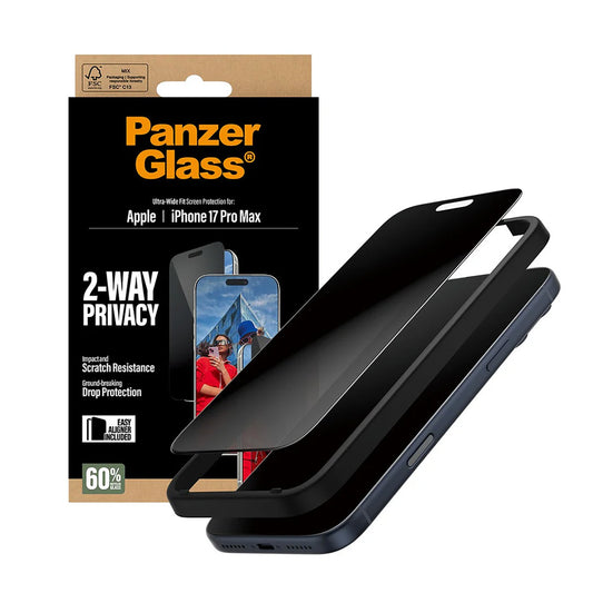 Beskyttelsesfolie Skjerm Privacy PanzerGlass Ultra-Wide Fit 2-Way EasyAligner for Apple iPhone 17 Pro Max, Herdet Glass, Full Lim