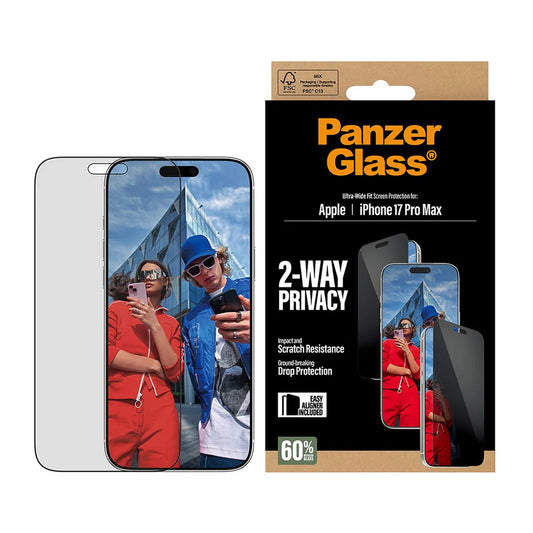 Beskyttelsesfolie Skjerm Privacy PanzerGlass Ultra-Wide Fit 2-Way EasyAligner for Apple iPhone 17 Pro Max, Herdet Glass, Full Lim